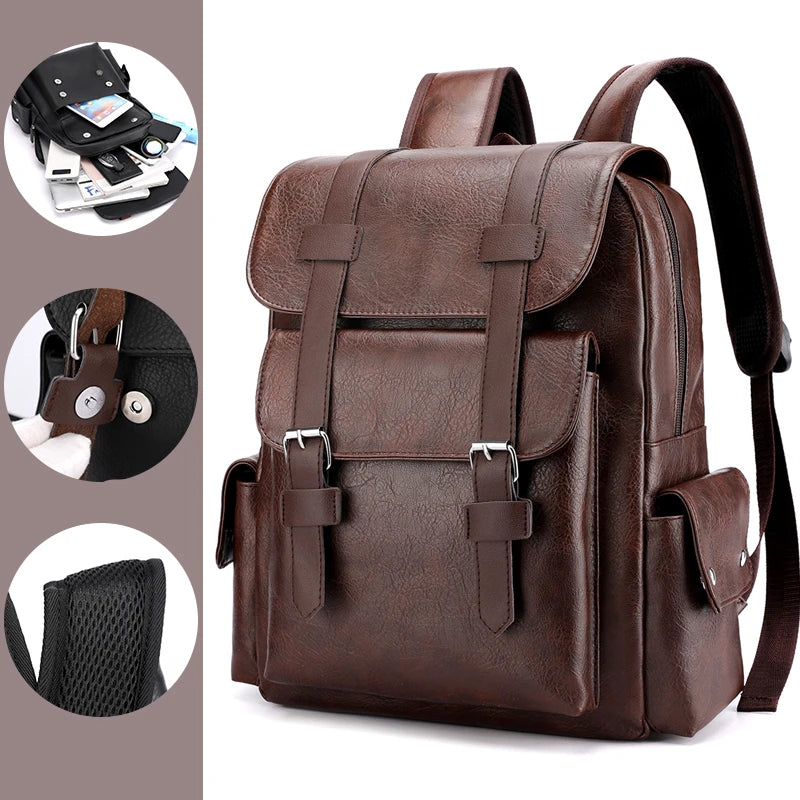 2023 Men Backpack PU Leather Bagpack Large Laptop Backpacks Male Mochilas Black Schoolbag For Teenagers Boys Brown Sac A Dos