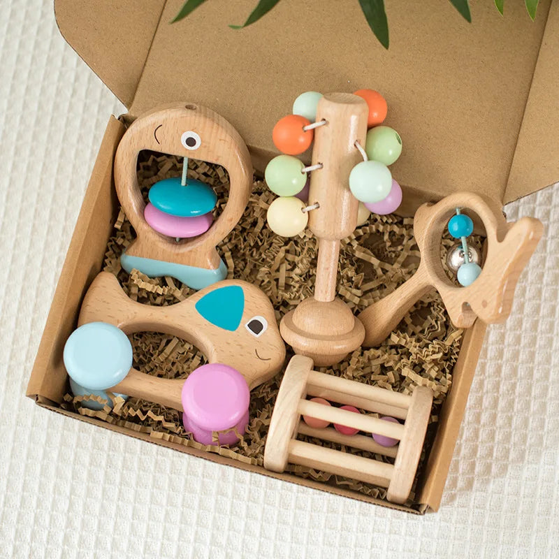 5 Pcs Wooden Montessori Toys Infants Children Can Chew Hand Rattles Toy Preschool Education Hearing Training Birth Gift Toys