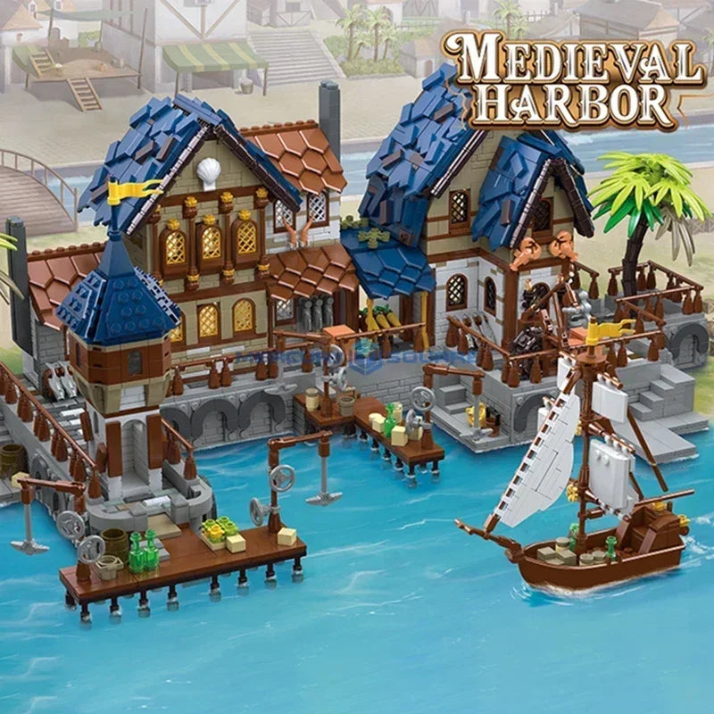 MOC Medieval Harbor Pirate Port Town Building Blocks Set Pier Sailboat Transport Village Toys For Children Birthday Holiday Gift