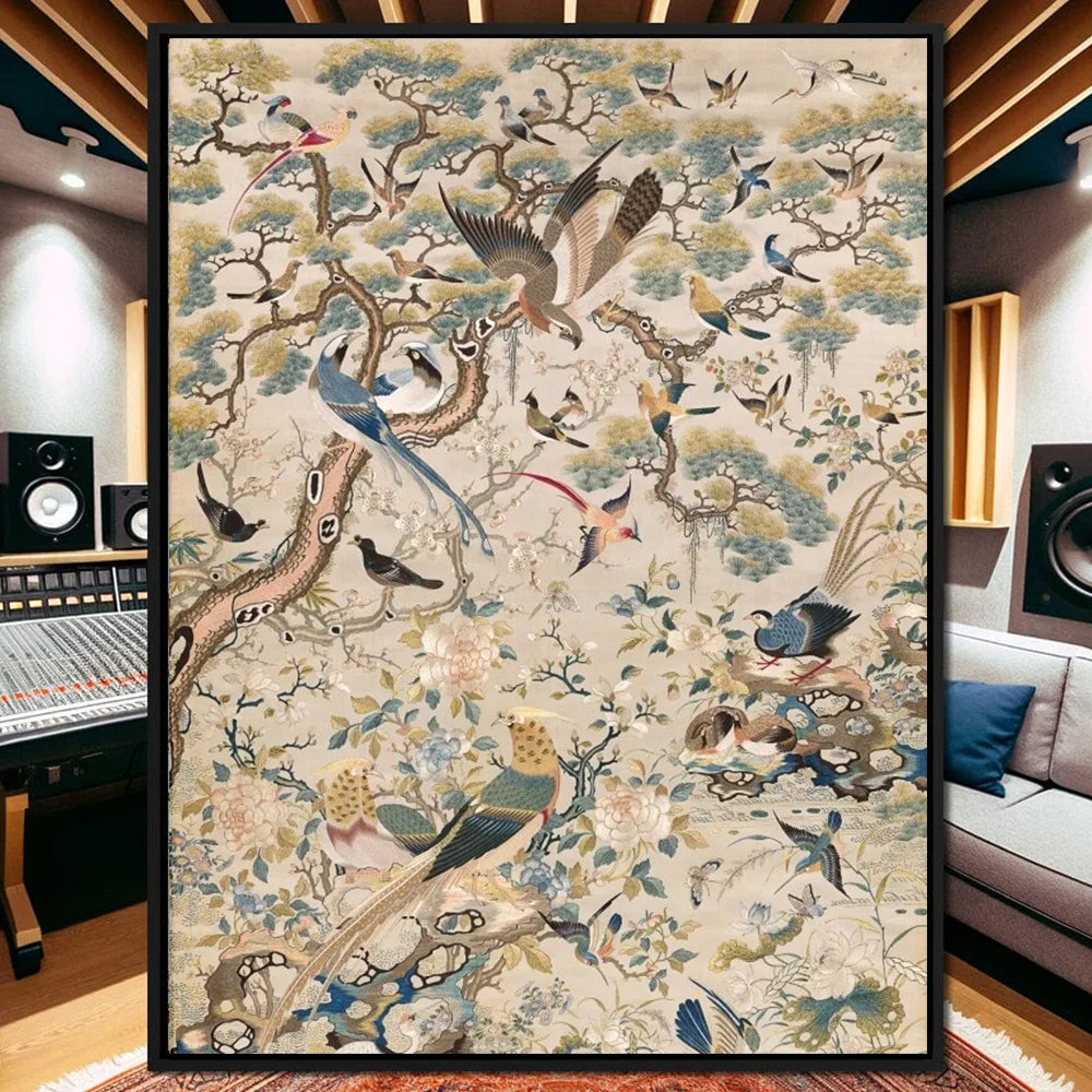 Retro Medieval Style Art Posters Print "Flowers And Birds Harmony Picture" Tropical Birds Plant Mural Home Decor Canvas Painting