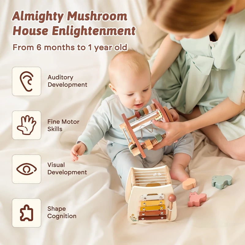 Custom Montessori Mushroom House Toy Wooden Percussion Music Toy Unlock/Place/Shape Match Game Finger Sensory Education Kid Gift