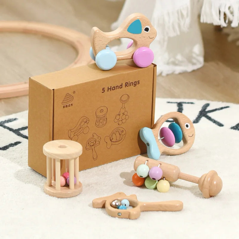 5 Pcs Wooden Montessori Toys Infants Children Can Chew Hand Rattles Toy Preschool Education Hearing Training Birth Gift Toys