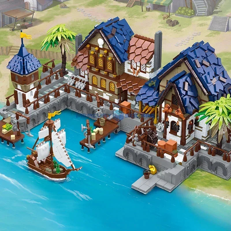 MOC Medieval Harbor Pirate Port Town Building Blocks Set Pier Sailboat Transport Village Toys For Children Birthday Holiday Gift