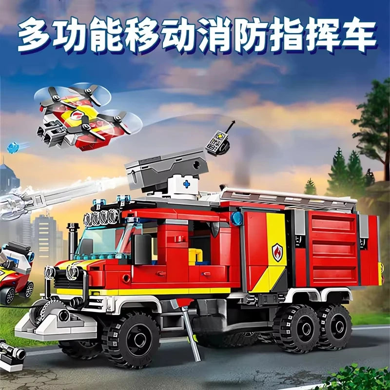 2025 new city series model fire command rescue fire truck mobile vehicle moc drone building block brick boy toy children's gift