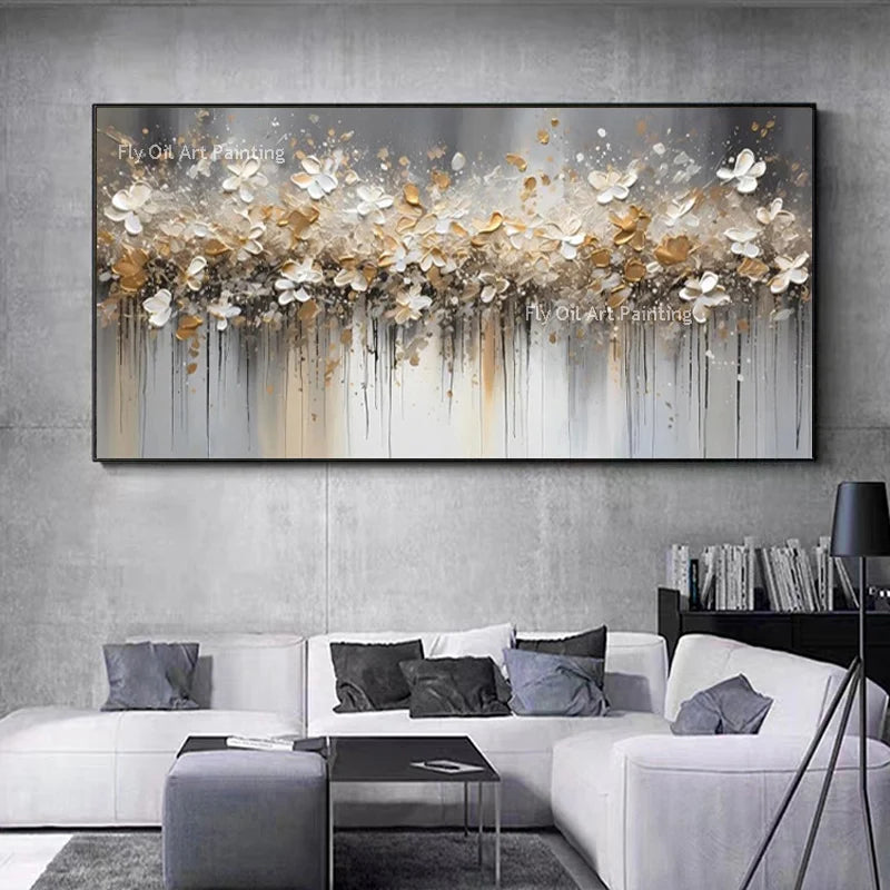 Handmade Abstract Knife 3D Gold Flower Pictures Home Decor Wall Art 100% Hand Painted Flowers Oil Painting on Canvas Paintings