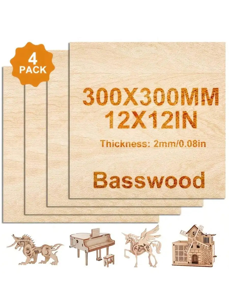 4/8/16/32pieces of unfinished basswood plywood, 12x12 inches, 2mm thick, for DIY crafts, laser engraving, wood burning, model bu