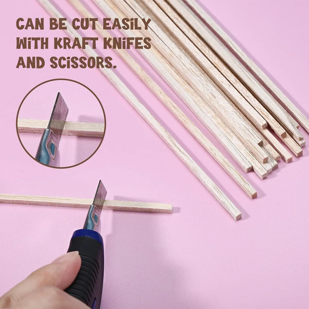 100pcs Balsa Wood Sticks Square Wood Dowel Rods Unfinished Wood Strips for Dollhouse Decoration Crafts DIY Art Projects Models