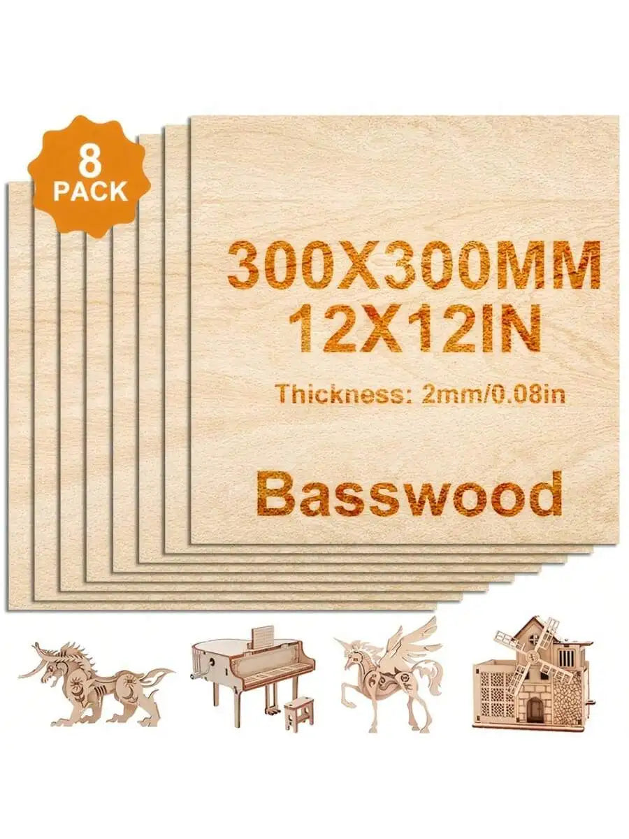 4/8/16/32pieces of unfinished basswood plywood, 12x12 inches, 2mm thick, for DIY crafts, laser engraving, wood burning, model bu