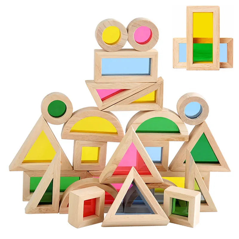 Montessori Transparent Shape Blocks Wooden Toys Rainbow Acrylic Color Cognitive Sensory Building Game Educational Toys For Kids