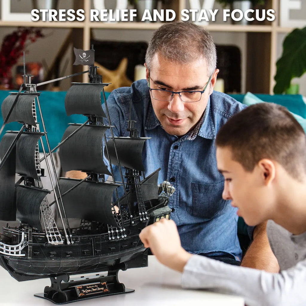 CubicFun 3D Puzzles Large Pirate Ship 26.6" Difficult Watercraft Model Queen Anne's Sailboat Building Kits Toys for Adults Kids