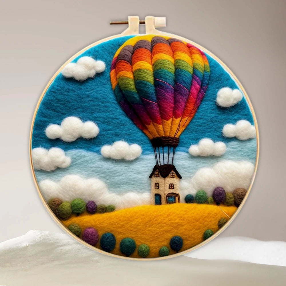PhotoCustom DIY Wool Felting Painting Kit With Frame Handmade Needle Wool Painting Hot Air Balloon For Home Decors Crafts Gift