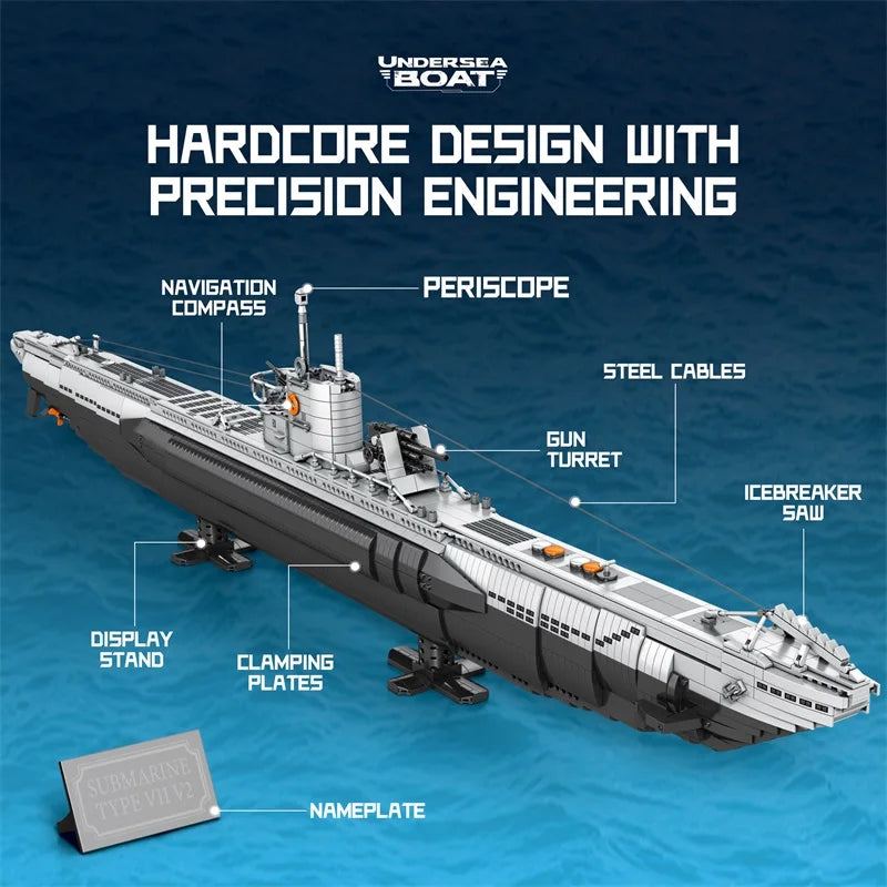 33050 3987pcs MOC WW2 Military U-boat Building Blocks Model Submarine Bricks Assembling Toys for Children Christmas Gift Set