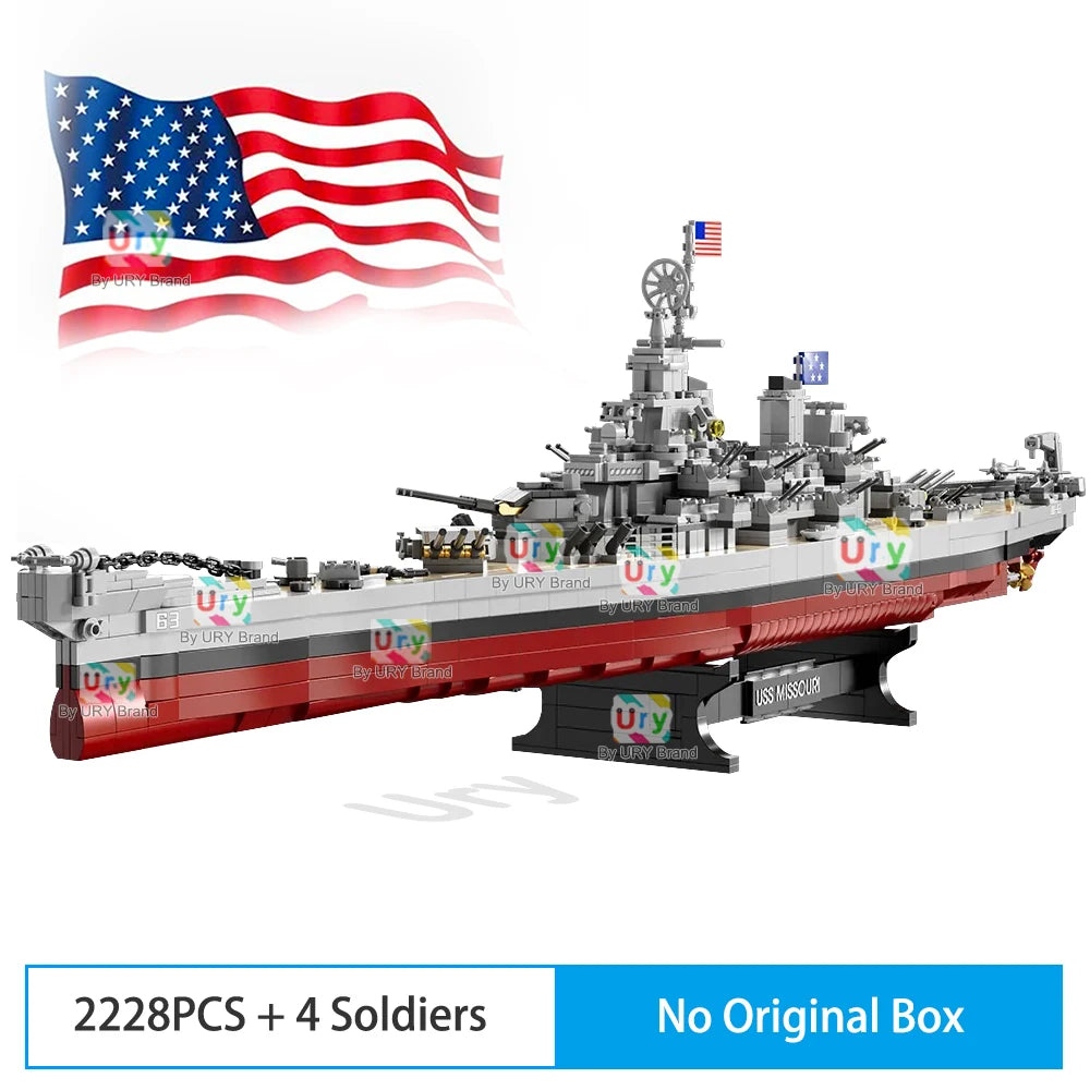 2228pcs Military WW2 Lowa Class USS Missouri Battleship Large Boat Cruiser Model Weapon Building Blocks Warship Toy for Kid Gift