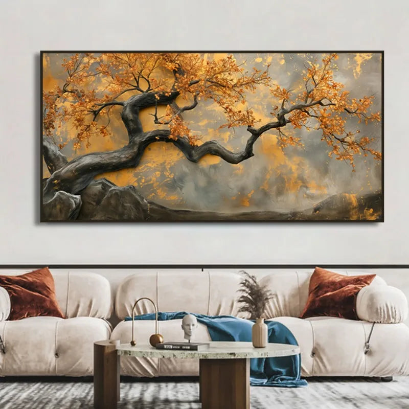 Yellow Blossom Flower Leaves Painting Print Blooming Tree Wall Art Textured Tree of Life Canvas Wall Art Nature Art Home Decor