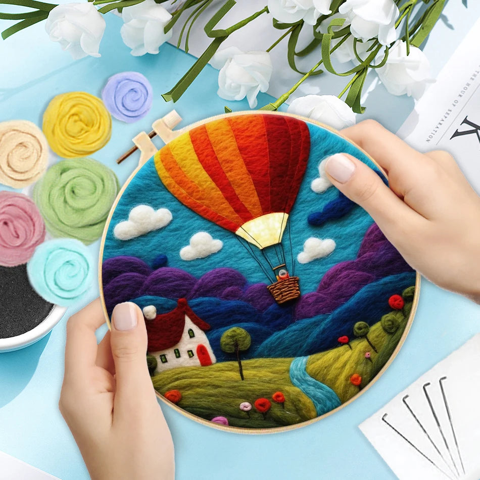 PhotoCustom DIY Wool Felting Painting Kit With Frame Handmade Needle Wool Painting Hot Air Balloon For Home Decors Crafts Gift