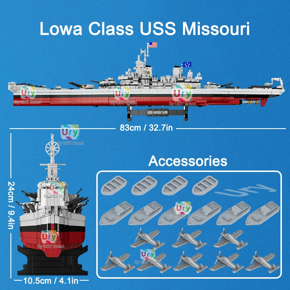 2228pcs Military WW2 Lowa Class USS Missouri Battleship Large Boat Cruiser Model Weapon Building Blocks Warship Toy for Kid Gift