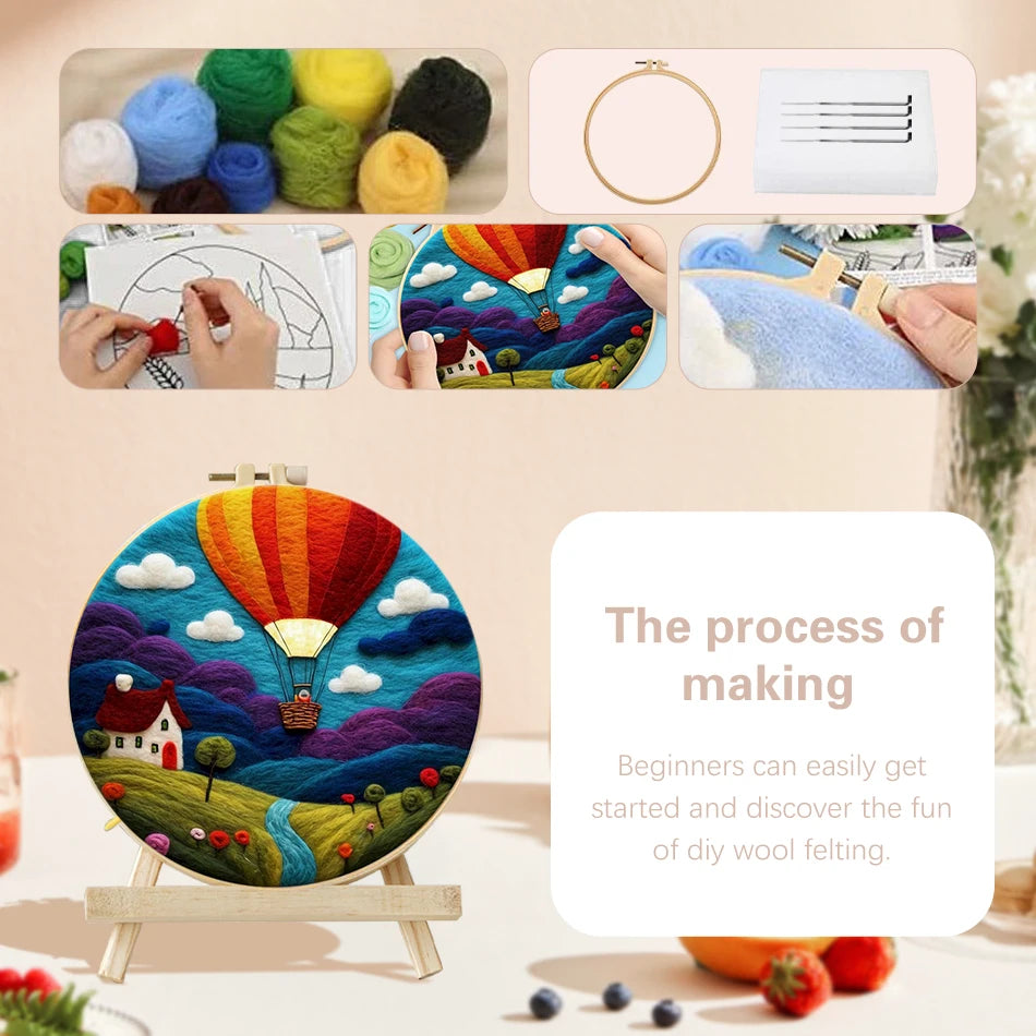 PhotoCustom DIY Wool Felting Painting Kit With Frame Handmade Needle Wool Painting Hot Air Balloon For Home Decors Crafts Gift