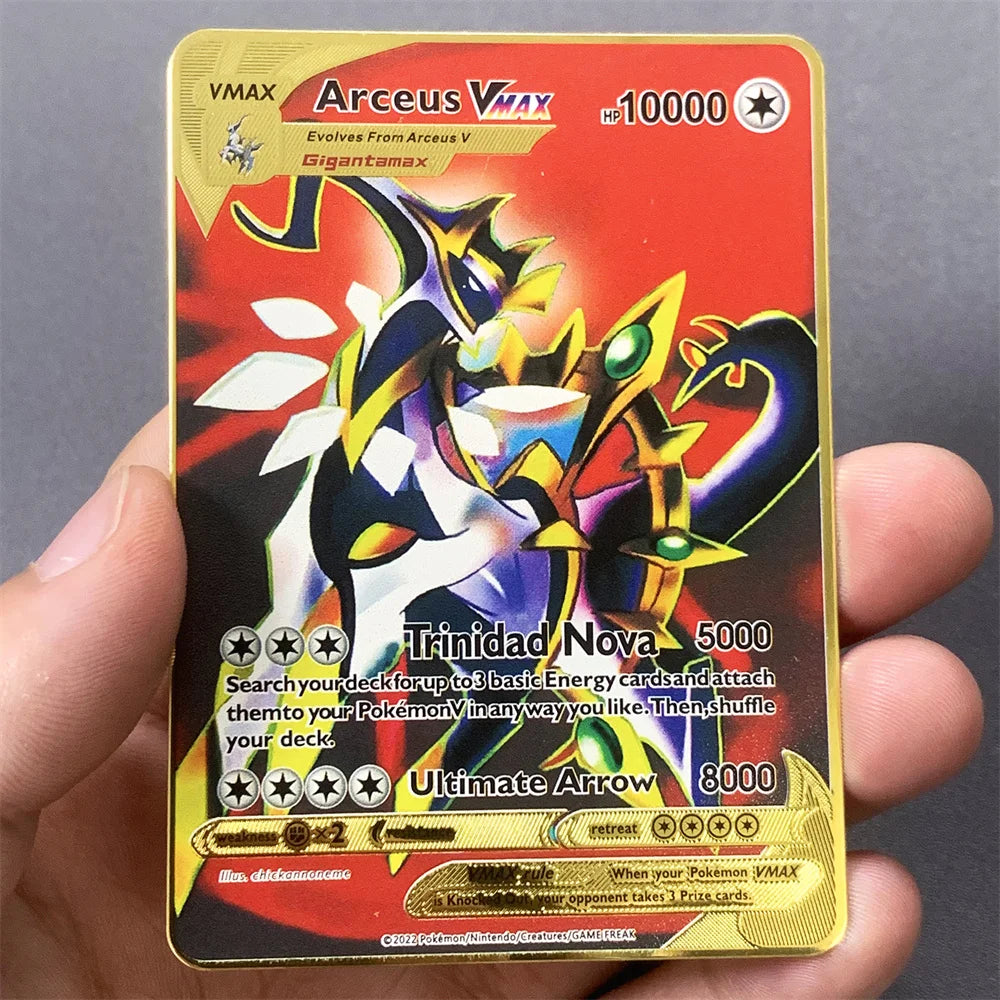 Pokemon Metal Card 10000 Points Pikachu Charizard Arceus Card Golden English Mewtwo Vmax GX Anime Collection Battle Cards Gifts