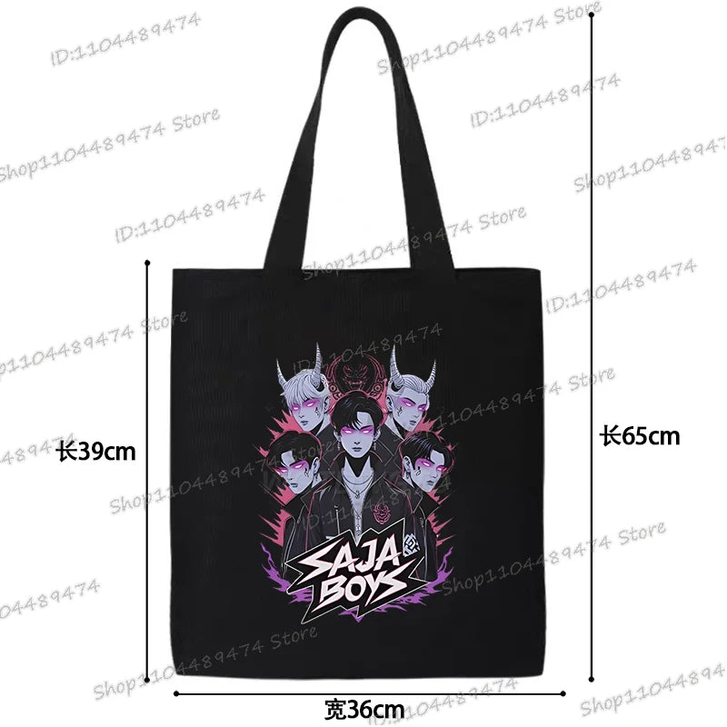 Women Men Cartoon KPop Demon Hunters Shopping Bag Funny Korean Ulzzang Canvas Tote Travel Handbags Beach Shoulder Bags