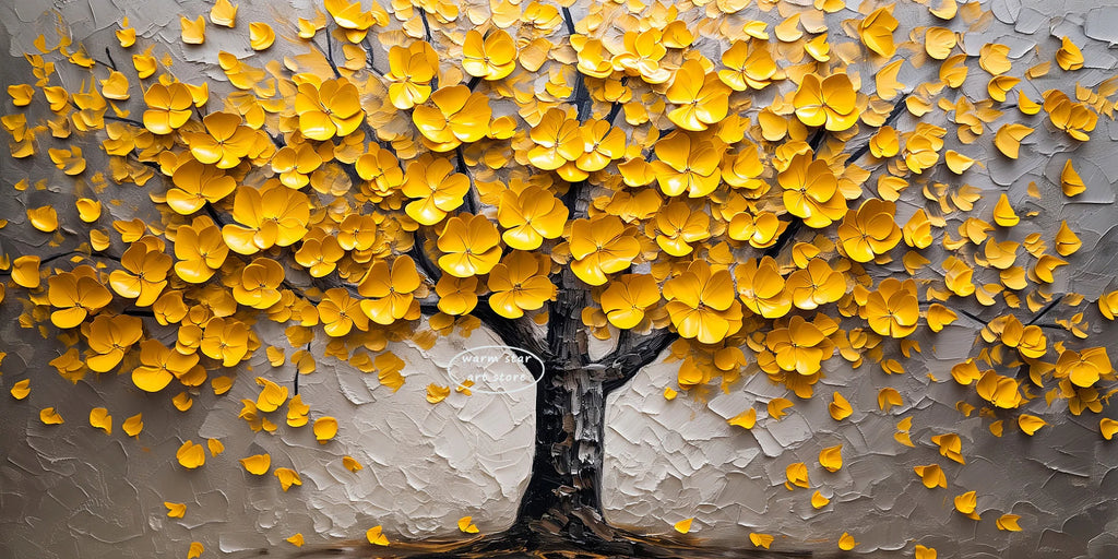 Yellow Blossom Flower Leaves Painting Print Blooming Tree Wall Art Textured Tree of Life Canvas Wall Art Nature Art Home Decor