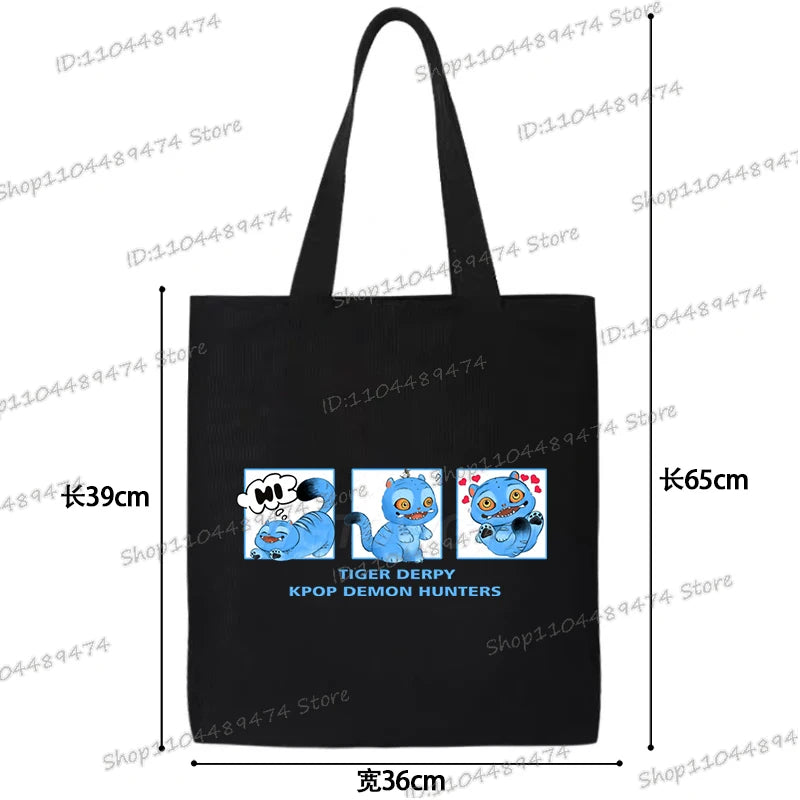 Women Men Cartoon KPop Demon Hunters Shopping Bag Funny Korean Ulzzang Canvas Tote Travel Handbags Beach Shoulder Bags