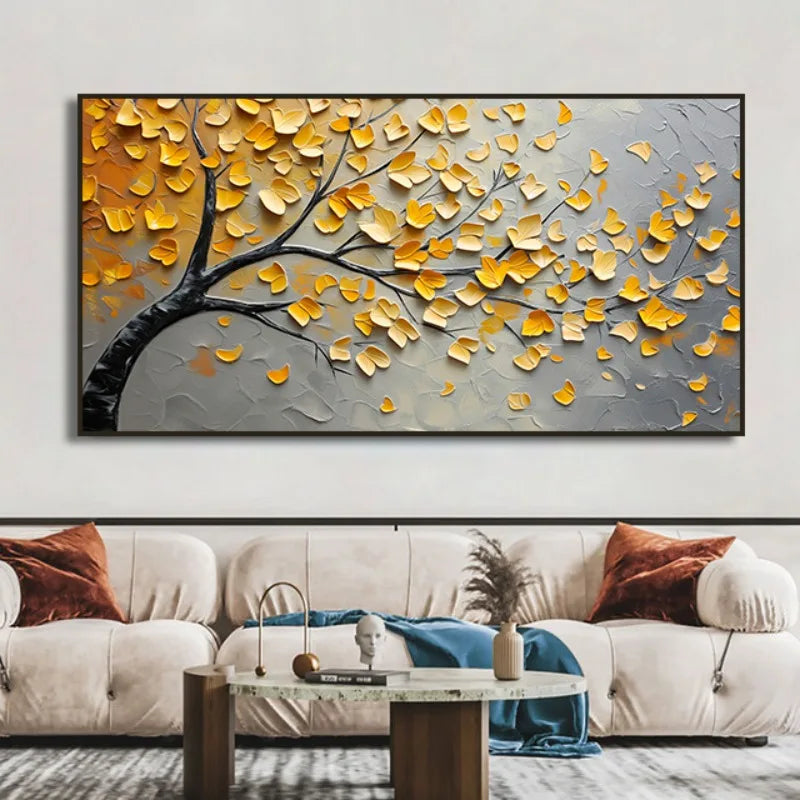 Yellow Blossom Flower Leaves Painting Print Blooming Tree Wall Art Textured Tree of Life Canvas Wall Art Nature Art Home Decor