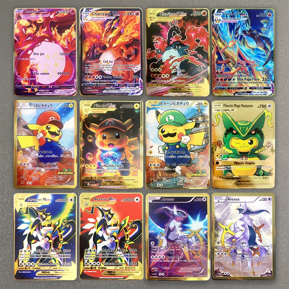 Pokemon Metal Card 10000 Points Pikachu Charizard Arceus Card Golden English Mewtwo Vmax GX Anime Collection Battle Cards Gifts