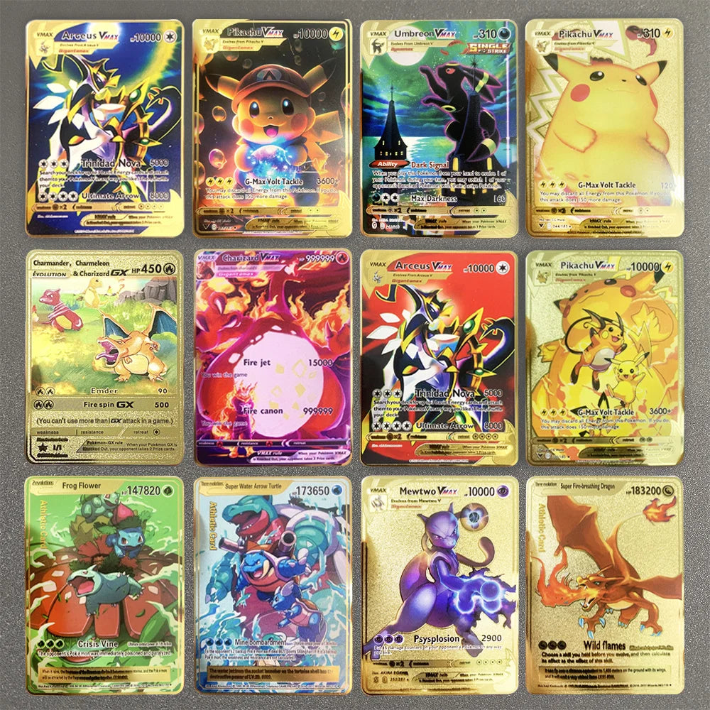 Pokemon Metal Card 10000 Points Pikachu Charizard Arceus Card Golden English Mewtwo Vmax GX Anime Collection Battle Cards Gifts