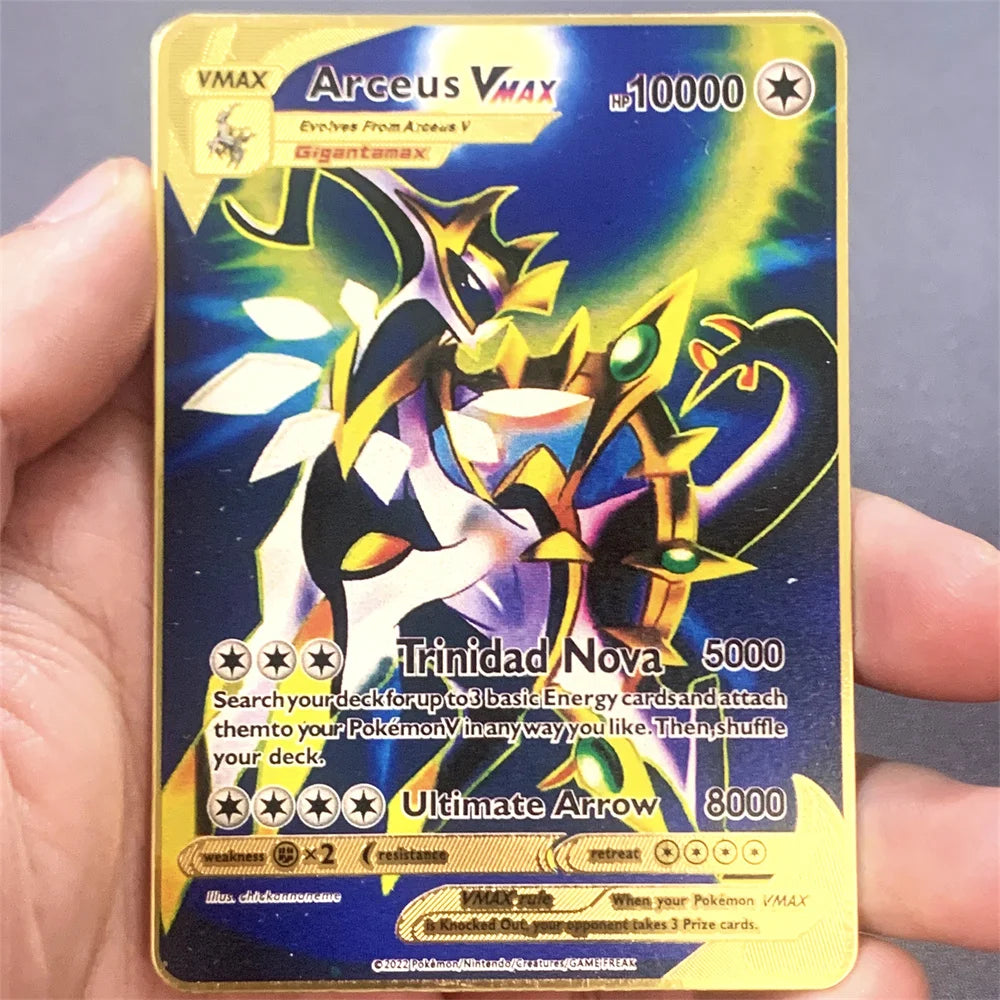 Pokemon Metal Card 10000 Points Pikachu Charizard Arceus Card Golden English Mewtwo Vmax GX Anime Collection Battle Cards Gifts