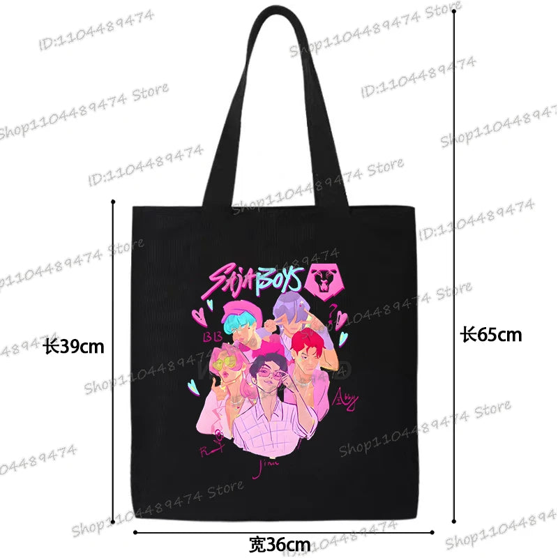 Women Men Cartoon KPop Demon Hunters Shopping Bag Funny Korean Ulzzang Canvas Tote Travel Handbags Beach Shoulder Bags