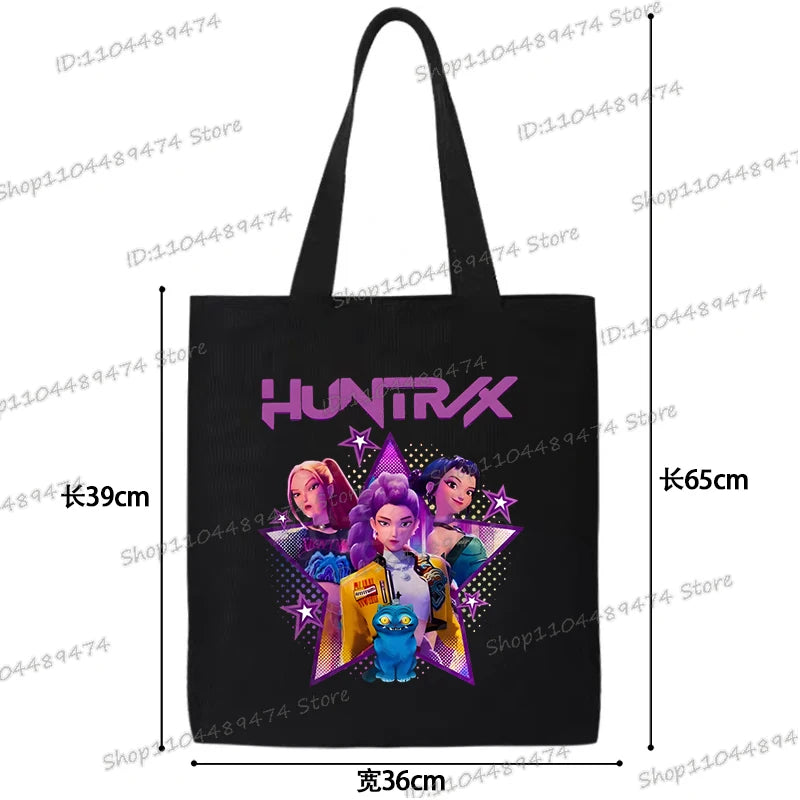 Women Men Cartoon KPop Demon Hunters Shopping Bag Funny Korean Ulzzang Canvas Tote Travel Handbags Beach Shoulder Bags