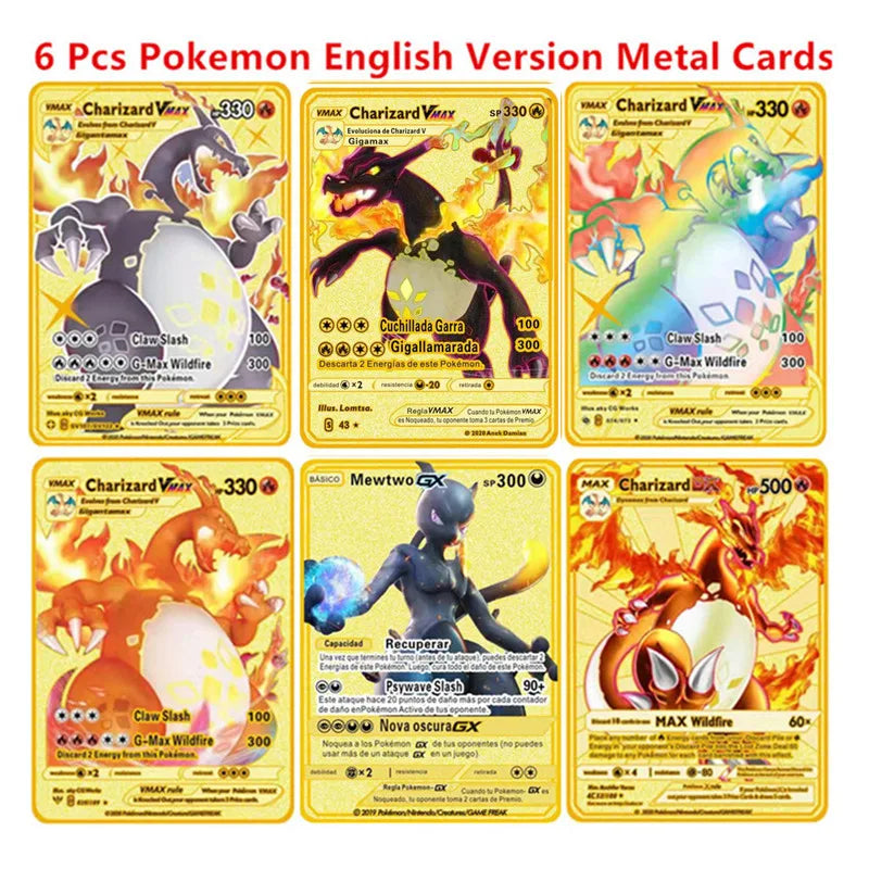 Pokemon English Metal Card Anime Pikachu Charizard Mewtwo Blastoise  Vmax Shiny Letters Game Collection Card Kids Toy Gifts