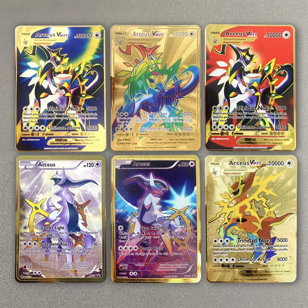 Pokemon Metal Card 10000 Points Pikachu Charizard Arceus Card Golden English Mewtwo Vmax GX Anime Collection Battle Cards Gifts