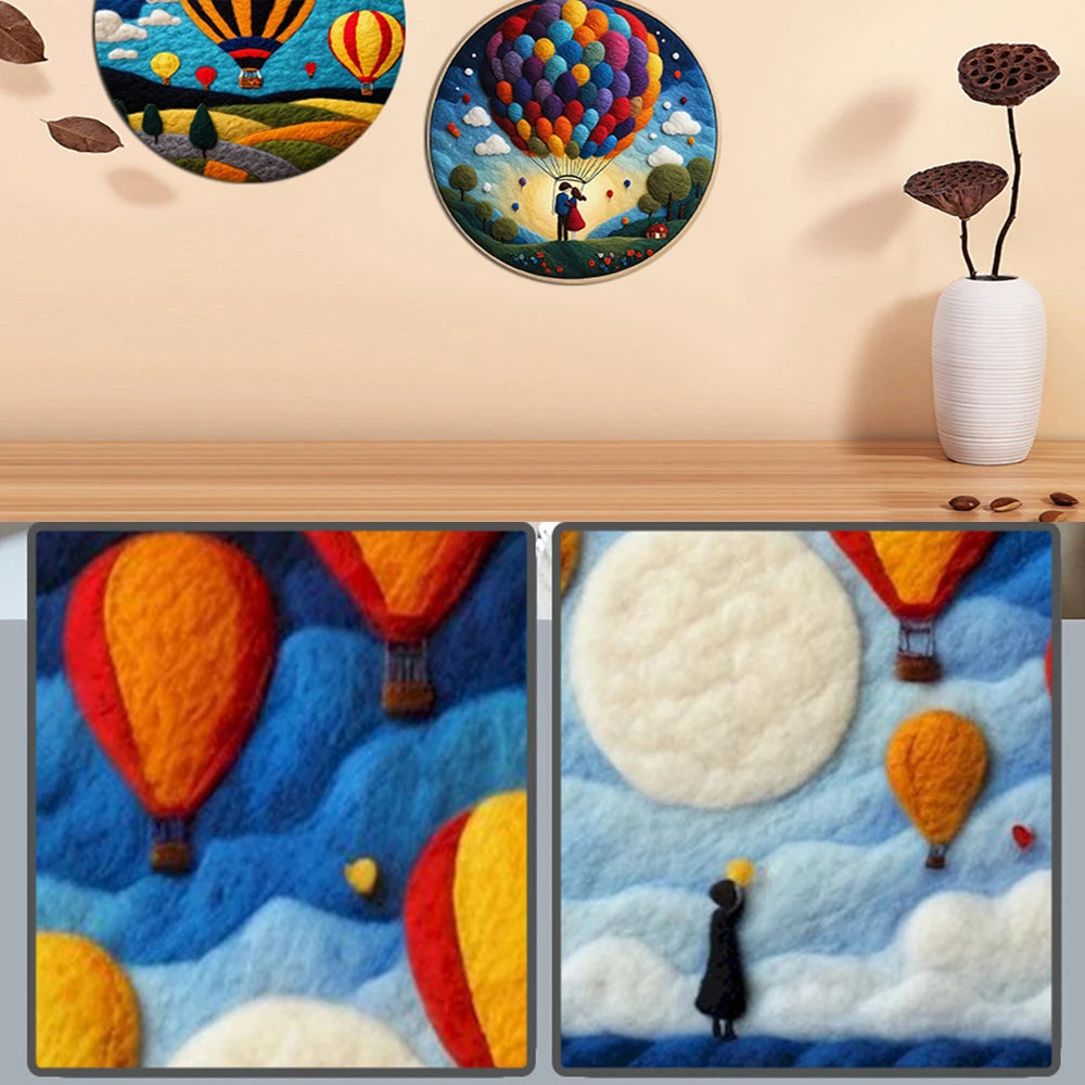 PhotoCustom DIY Wool Felting Painting Kit With Frame Handmade Needle Wool Painting Hot Air Balloon For Home Decors Crafts Gift