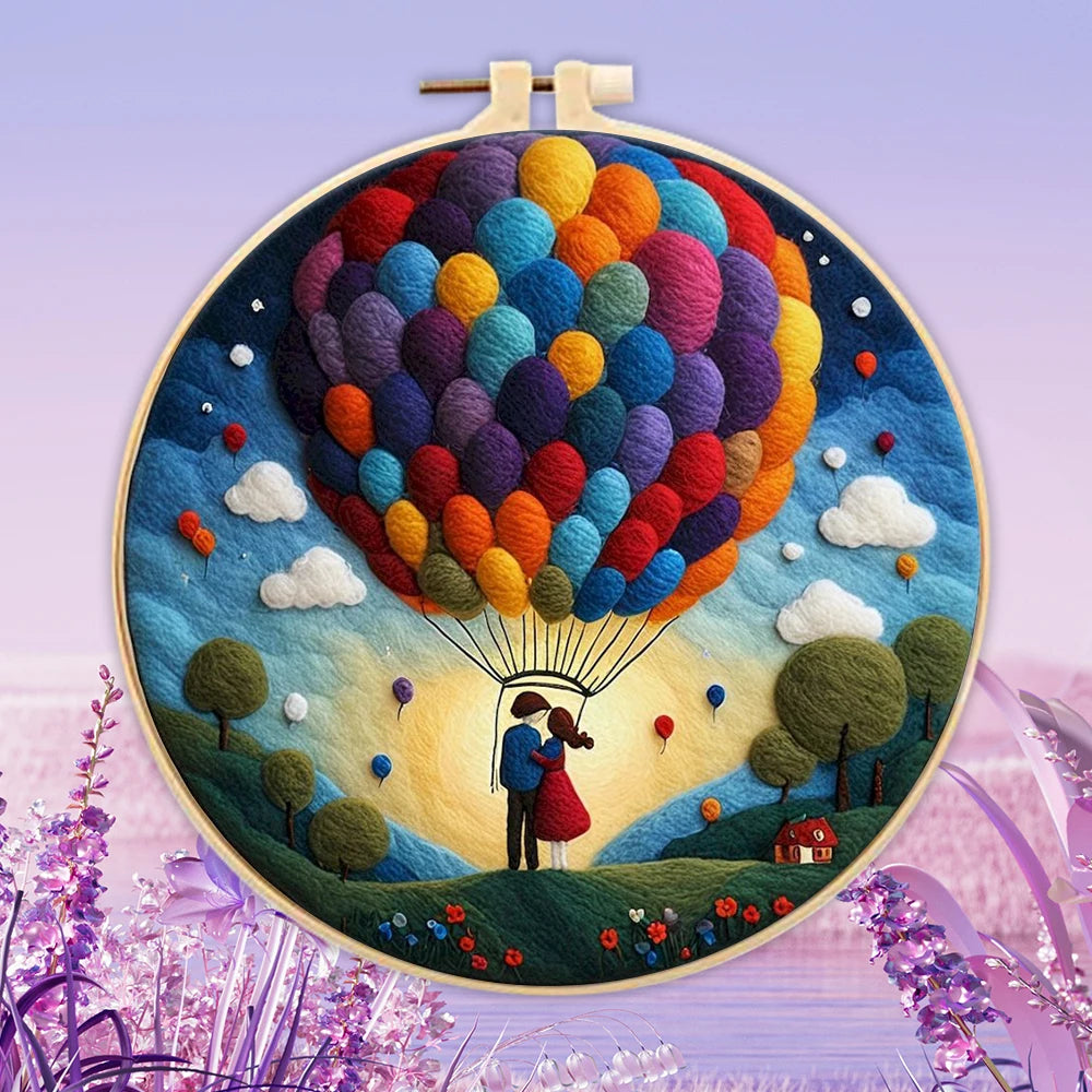 PhotoCustom DIY Wool Felting Painting Kit With Frame Handmade Needle Wool Painting Hot Air Balloon For Home Decors Crafts Gift