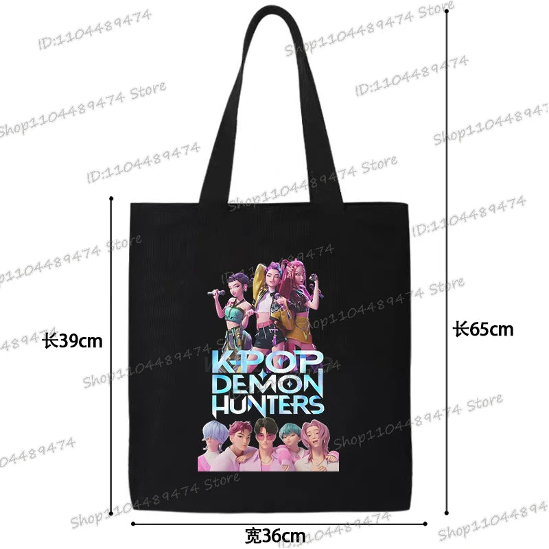 Women Men Cartoon KPop Demon Hunters Shopping Bag Funny Korean Ulzzang Canvas Tote Travel Handbags Beach Shoulder Bags