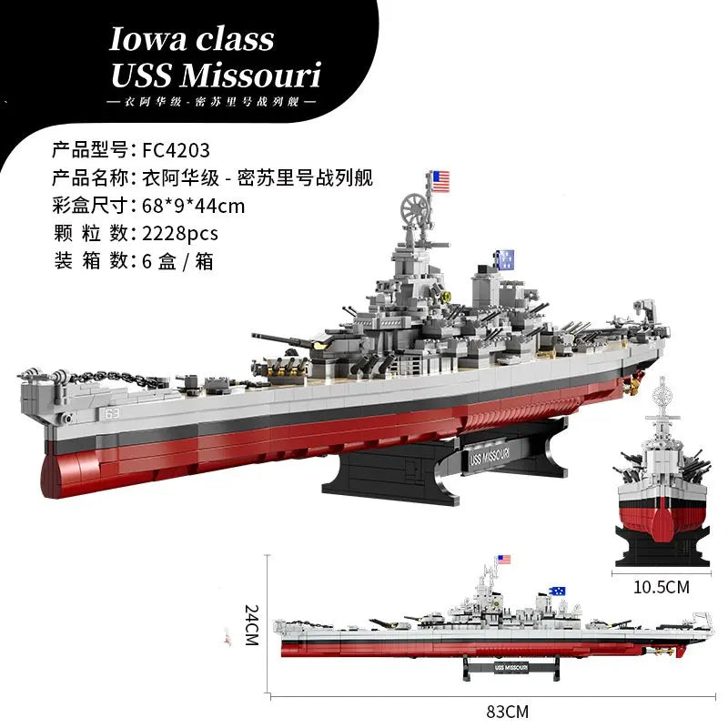 FC4230 Military Battleship Series Missouri Battleship Crusier Model Building Blocks Bismarck Cruiser Boat Bricks Toys Kids Gifts