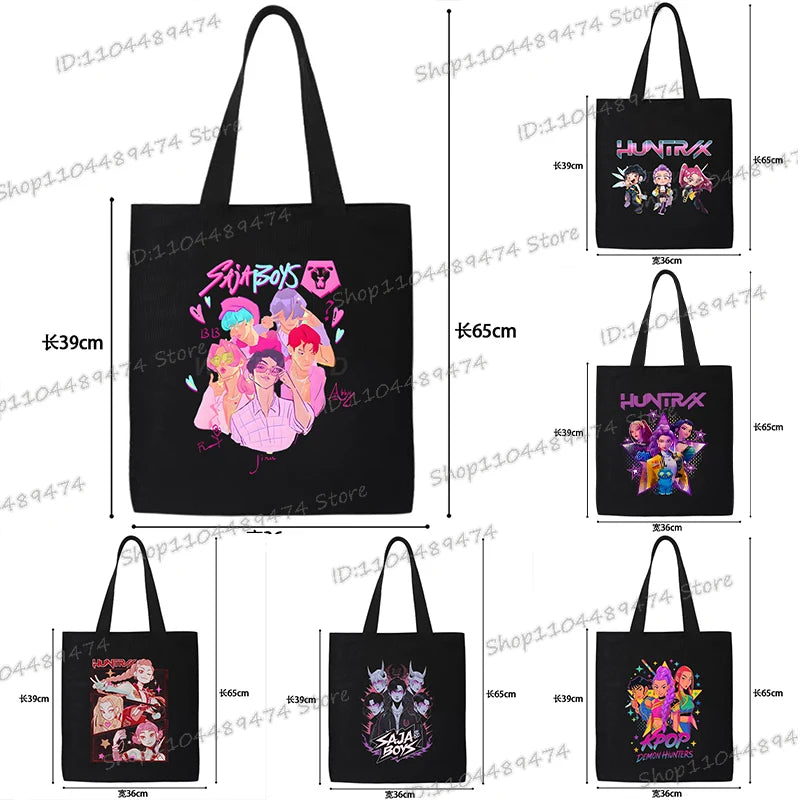 Women Men Cartoon KPop Demon Hunters Shopping Bag Funny Korean Ulzzang Canvas Tote Travel Handbags Beach Shoulder Bags