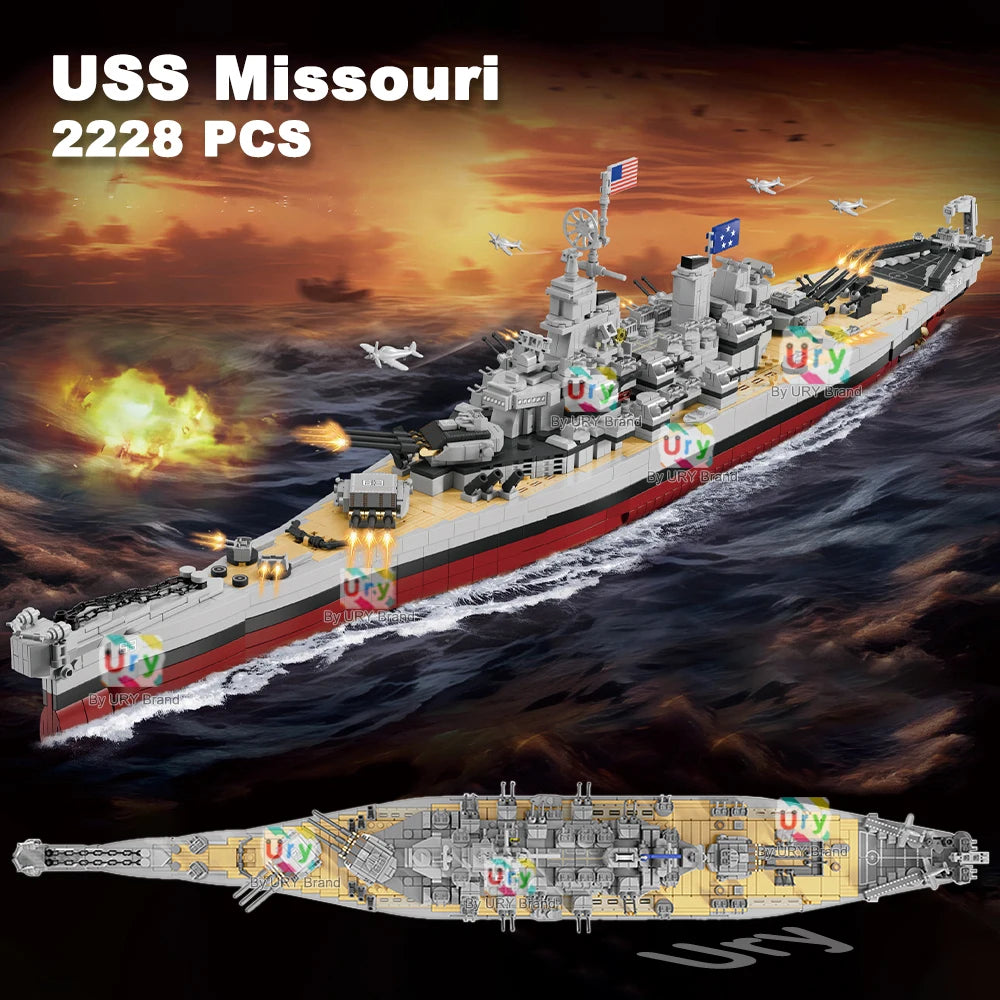 2228pcs Military WW2 Lowa Class USS Missouri Battleship Large Boat Cruiser Model Weapon Building Blocks Warship Toy for Kid Gift