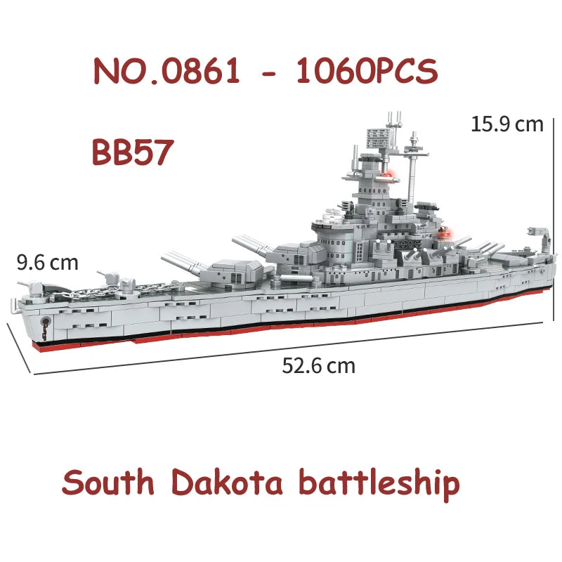 Military Series King Level Classic Warship Building Blocks South Kadota Battleship bricks WW2 Soldier Weapon Toys for kids gift