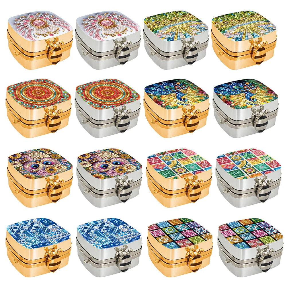 Peacock Diamond Painting Mirror Organizer Box Rhinestone Jewelry Box Mini DIY Diamond Art Makeup Bag for Earrings Necklace Rings