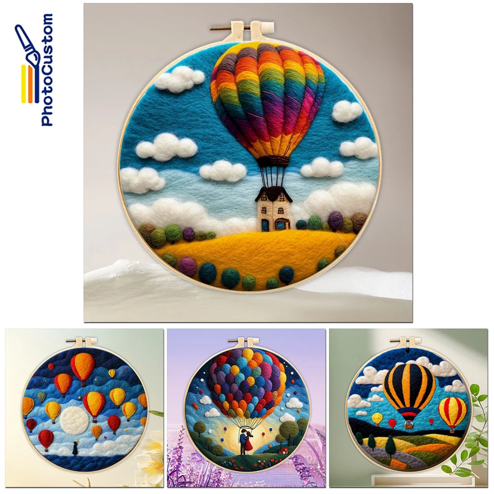 PhotoCustom DIY Wool Felting Painting Kit With Frame Handmade Needle Wool Painting Hot Air Balloon For Home Decors Crafts Gift