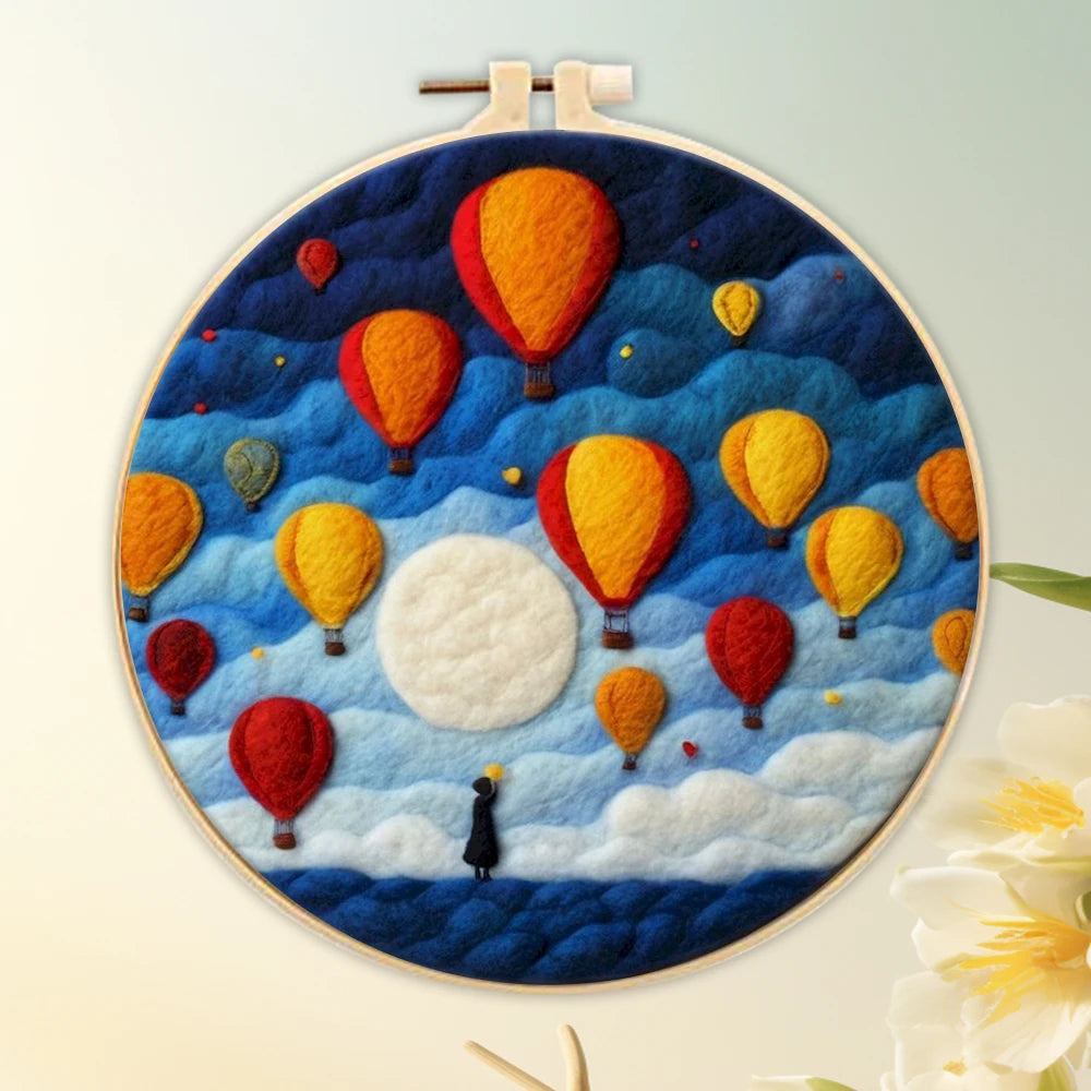 PhotoCustom DIY Wool Felting Painting Kit With Frame Handmade Needle Wool Painting Hot Air Balloon For Home Decors Crafts Gift