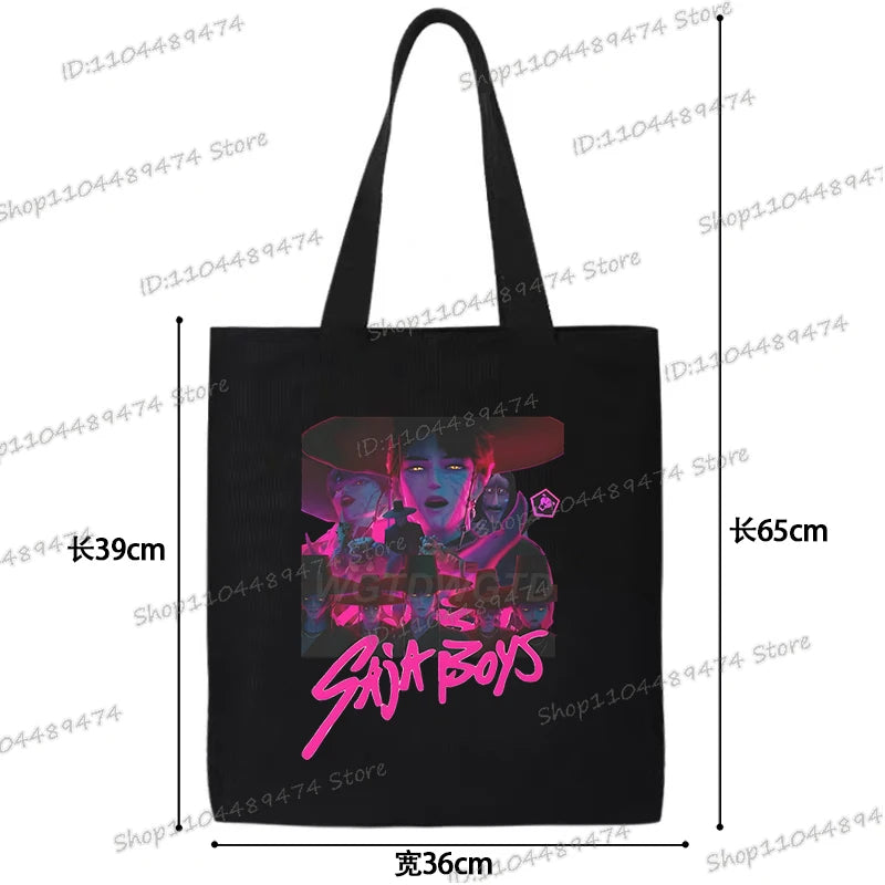 Women Men Cartoon KPop Demon Hunters Shopping Bag Funny Korean Ulzzang Canvas Tote Travel Handbags Beach Shoulder Bags