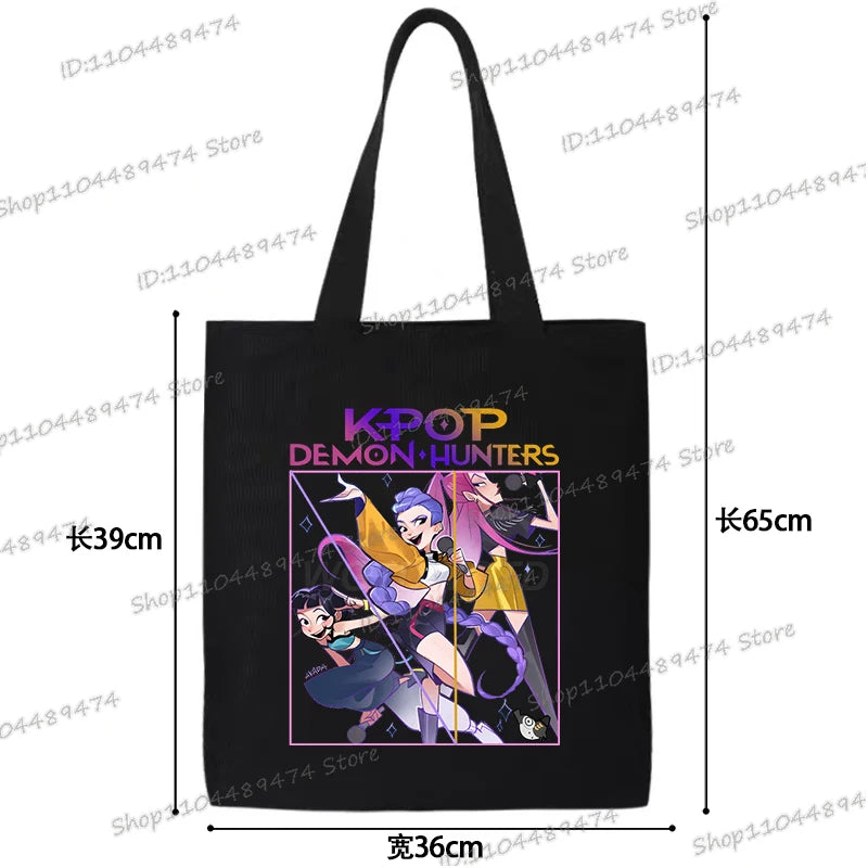 Women Men Cartoon KPop Demon Hunters Shopping Bag Funny Korean Ulzzang Canvas Tote Travel Handbags Beach Shoulder Bags