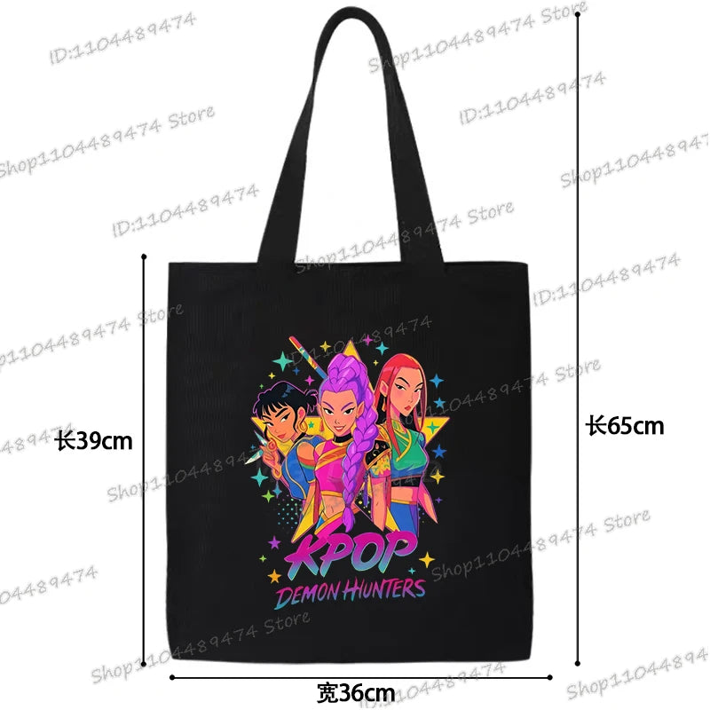 Women Men Cartoon KPop Demon Hunters Shopping Bag Funny Korean Ulzzang Canvas Tote Travel Handbags Beach Shoulder Bags