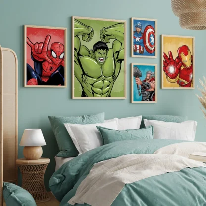 MINISO Poster Marvel Canvas Wall Art Print Mural Spider-Man Iron Man Captain America Cartoon Poster Home Decor Gift for Friends