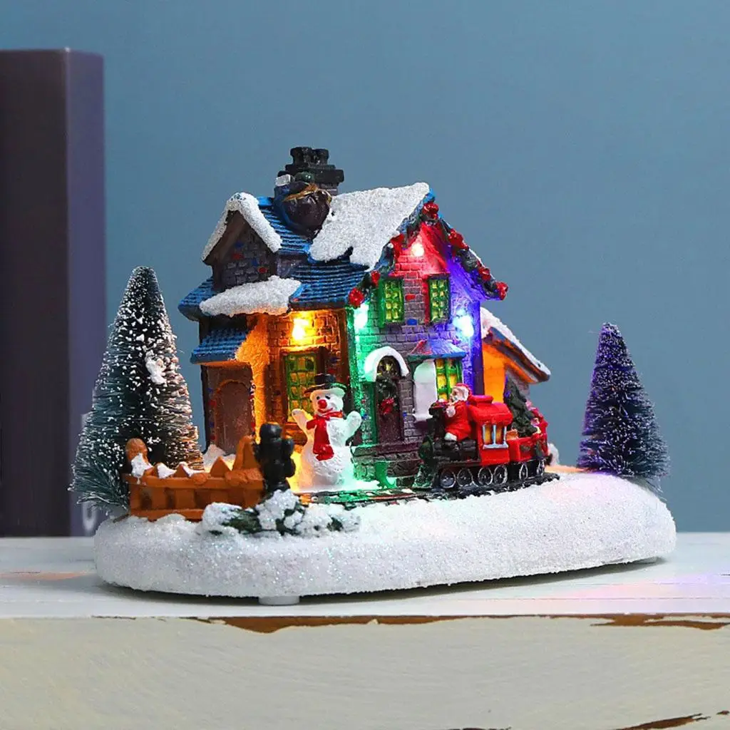 Christmas House Village Crafts Light Up Lighting Buildings Kids Train Resin Winter Xmas Figurines Indoor Room Sculpture Decor