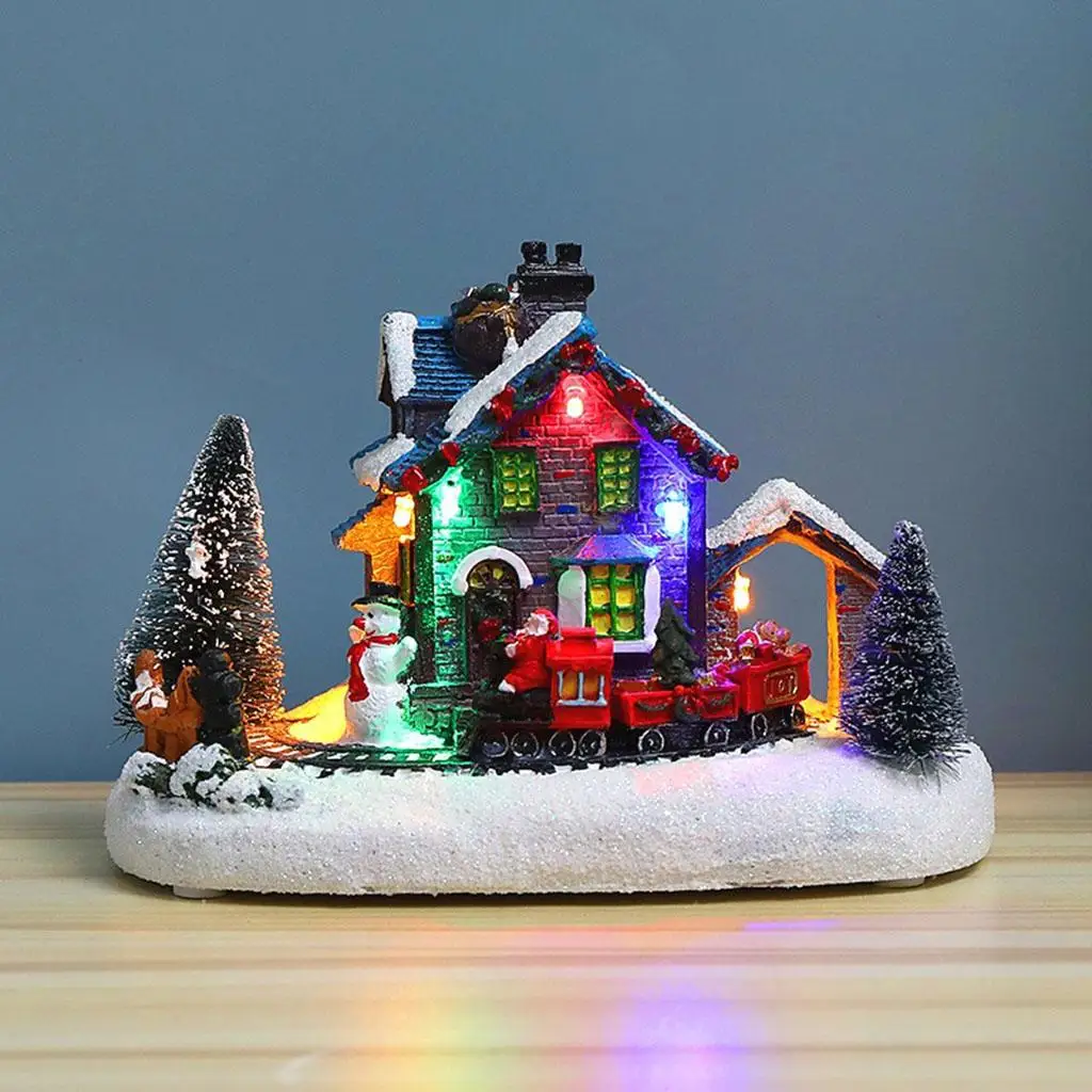 Christmas House Village Crafts Light Up Lighting Buildings Kids Train Resin Winter Xmas Figurines Indoor Room Sculpture Decor