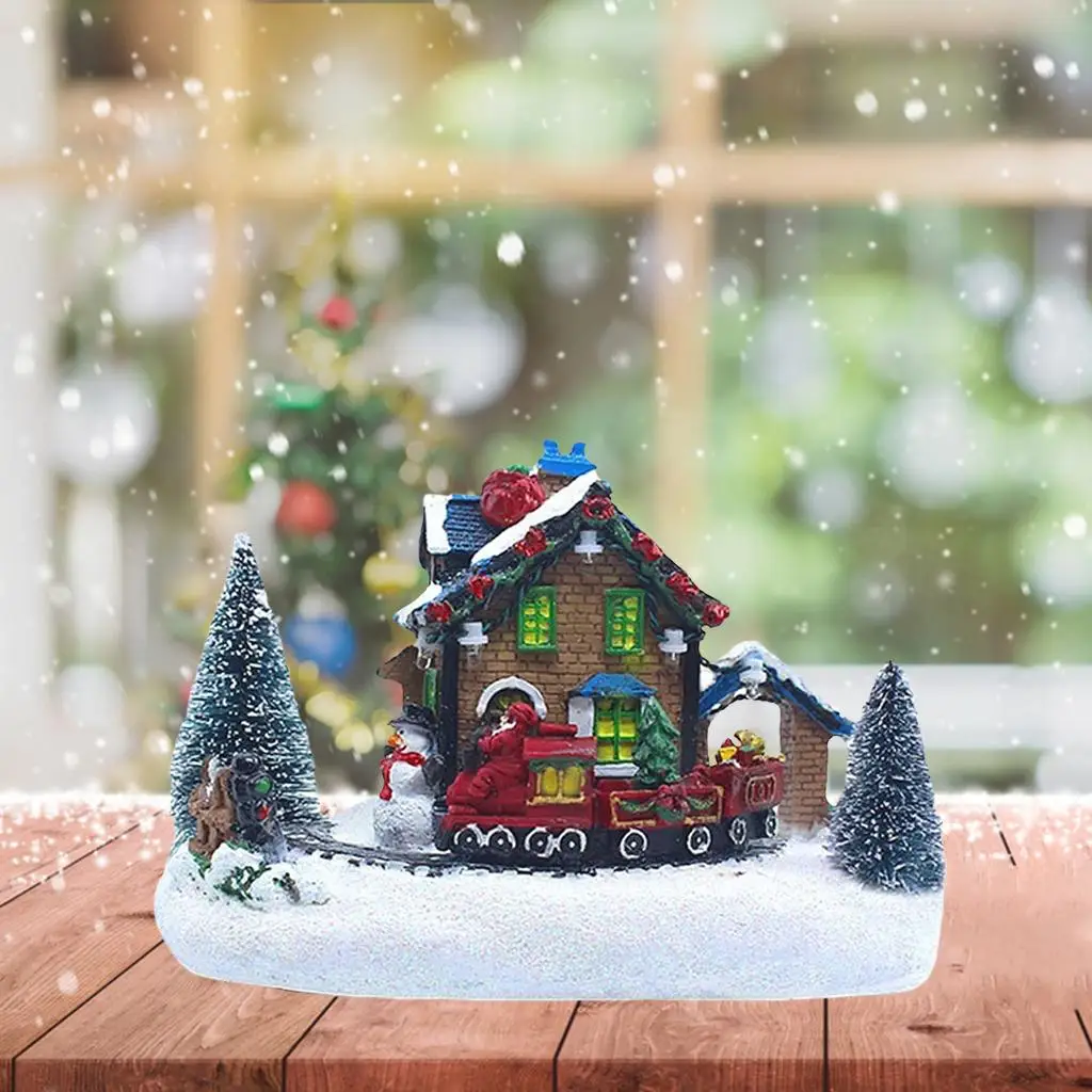 Christmas House Village Crafts Light Up Lighting Buildings Kids Train Resin Winter Xmas Figurines Indoor Room Sculpture Decor